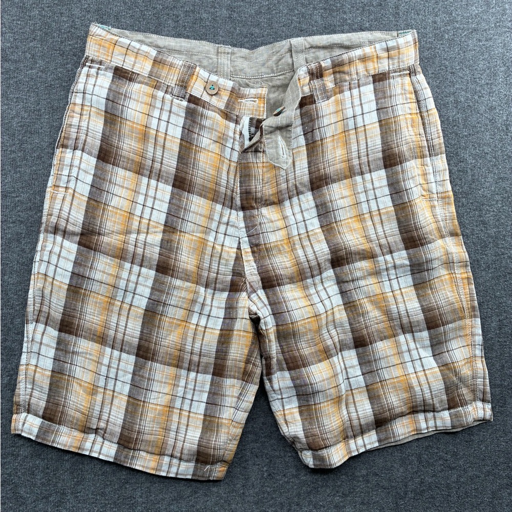 Tommy Bahama Reversible 100% Linen Men's Plaid Cotton Shorts in Brown & Tan